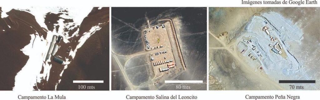 Tres imágenes satelitales de los campamentos mineros La Mula, Salina del Leoncito y Peña Negra en la Reserva Provincial de Usos Múltiples Laguna Brava. Imágenes tomadas de Google Earth